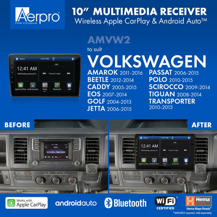 Aerpro AMVW2 10’’ Screen Stereo Upgrade Kit for VW Caddy 2005 to 2015  | Wireless Apple Car Play and Android Auto | TopVehicleTech.com