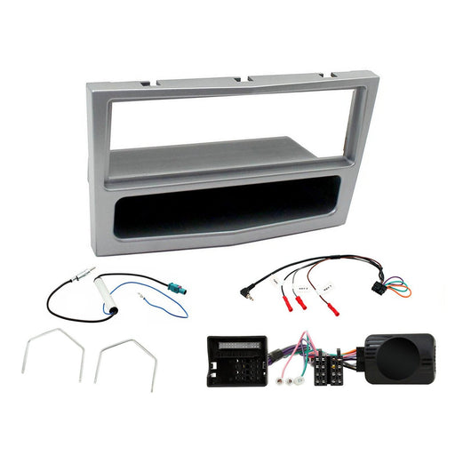 Vauxhall Antara 2006-2010 Full Car Stereo Installation Kit MATTE CHROME Single DIN Fascia, steering wheel control interface, antenna adapter and universal patchlead.