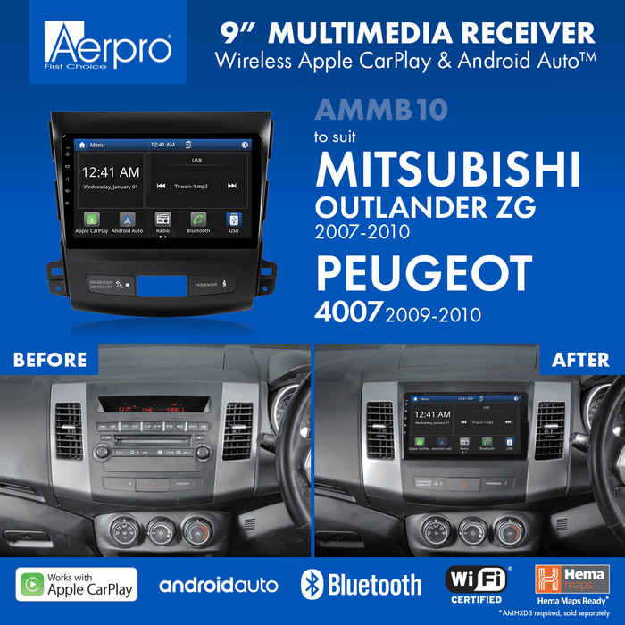 AMMB1 9’’ Screen Stereo Upgrade Kit for Peugeot 4007 2009-2010 | Wireless Apple Car Play / Android Auto | TopVehicleTech.com
