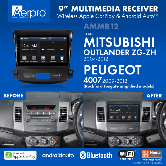 AMMB12 9’’ Screen Stereo Upgrade Kit for Peugeot 4007 2009-2012 | Wireless Apple Car Play / Android Auto | TopVehicleTech.com
