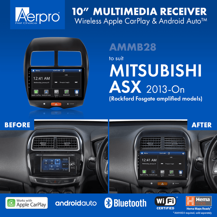 Aerpro 10’’ Screen Stereo Upgrade Kit for Mitsubishi ASX (2013-on) vehicles with factory Rockford Fosgate amplified systems | Wireless Apple Car Play / Android Auto | TopVehicleTech.com