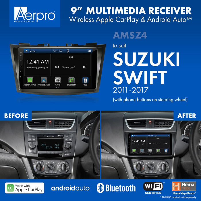 Aerpro 9’’ Screen Stereo Upgrade Kit for Suzuki Swift 2011-2017 (Models with Phone Buttons only) | Wireless Apple Car Play / Android Auto | TopVehicleTech.com