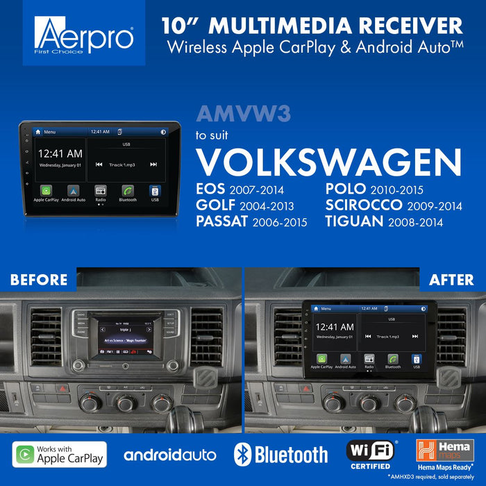 Aerpro AMVW3 10’’ Screen Stereo Upgrade Kit for VW SCIROCCO 2009 to 2014  | Wireless Apple Car Play and Android Auto | TopVehicleTech.com