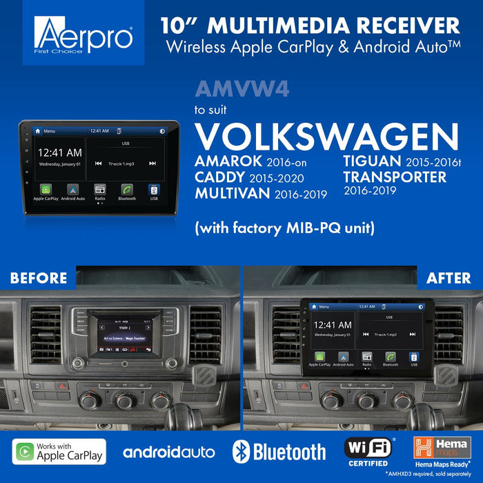 Aerpro AMVW4 10’’ Screen Stereo Upgrade Kit for VW TRANSPORTER 2016 to 2019 | Wireless Apple Car Play and Android Auto | TopVehicleTech.com