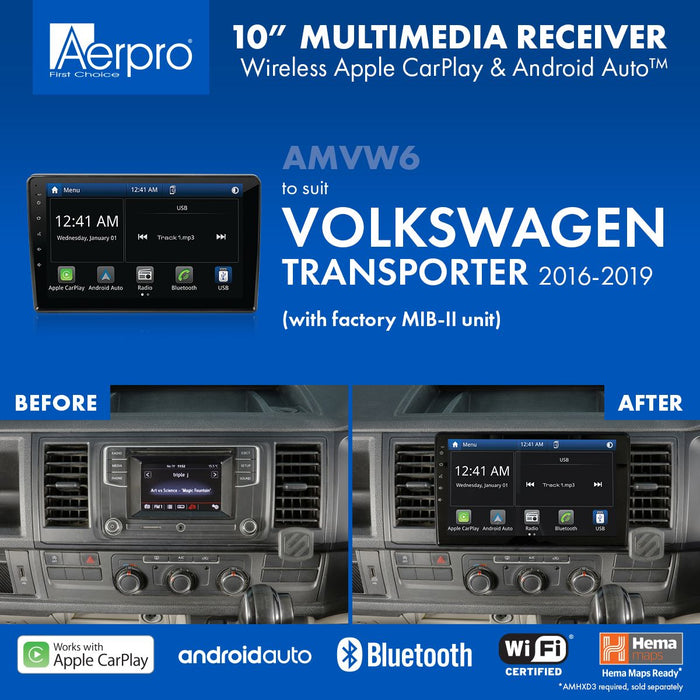 Aerpro AMVW6 10’’ Screen Stereo Upgrade Kit for VW TRANSPORTER 2016 to 2019 | Wireless Apple Car Play and Android Auto | TopVehicleTech.com
