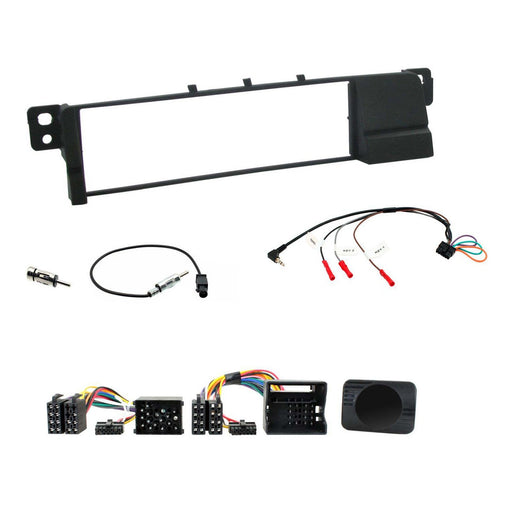 Full Car Stereo Installation Kit For BMW 3 Series E46 1998 - 2005 Single Din Black Fascia, Steering Wheel Control Interface, Antenna Adapter & Universal Patchlead