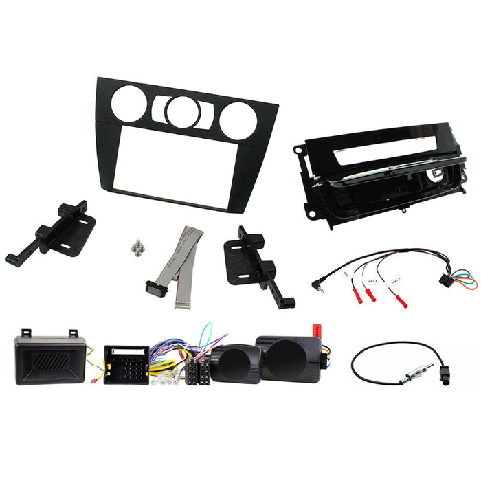 BMW 3-Series E90/91/92/93 2005 2012 Full Stereo Install Kit - Manual Air Conditioning Piano Black Ash Double Din Fascia, Steering Wheel Interface