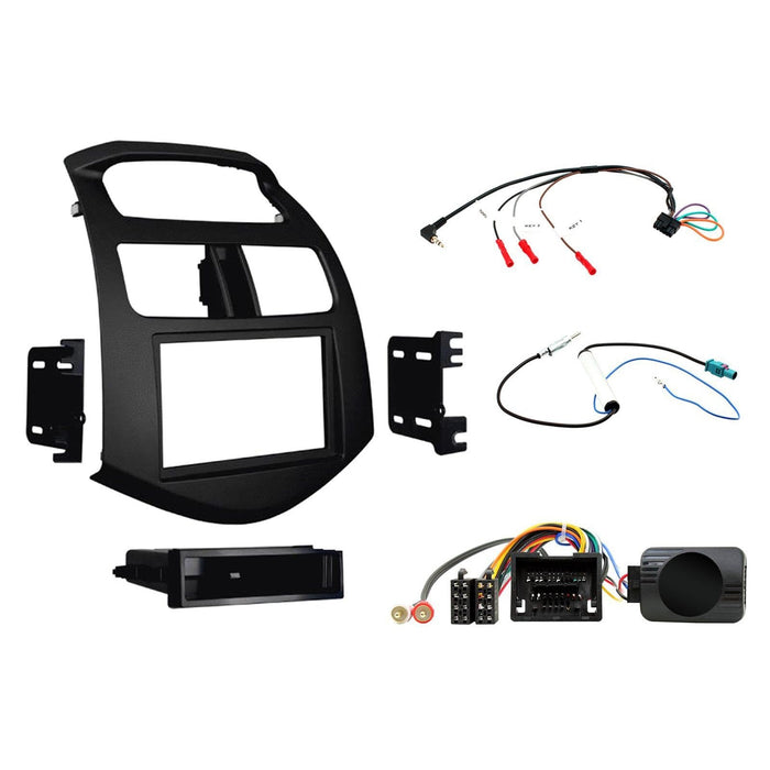 Chevrolet Spark 2013-2015 Full Car Stereo Installation Kit, Double DIN Fascia, Steering Wheel interface, antenna adapter and patch lead