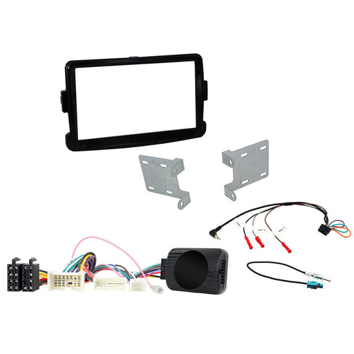 Dacia Duster 2012-2017 Full Car Stereo Installation Kit, PIANO BLACK Double DIN Fascia, Steering Wheel interface, antenna adapter and patch lead