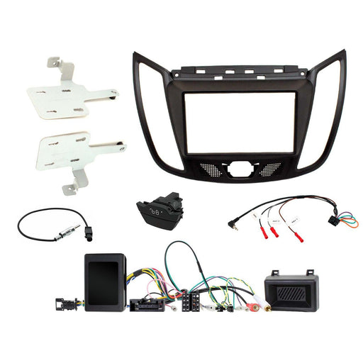 Ford Kuga 2013-2019 Full Car Stereo Installation Kit BLACK Double DIN Fascia, steering wheel control interface, an antenna adapter and universal patchlead