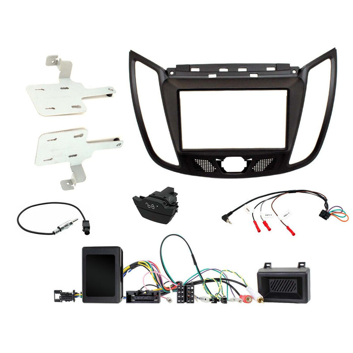 Ford Kuga 2013-2019 Full Car Stereo Installation Kit BLACK Double DIN Fascia, steering wheel control interface, an antenna adapter and universal patchlead