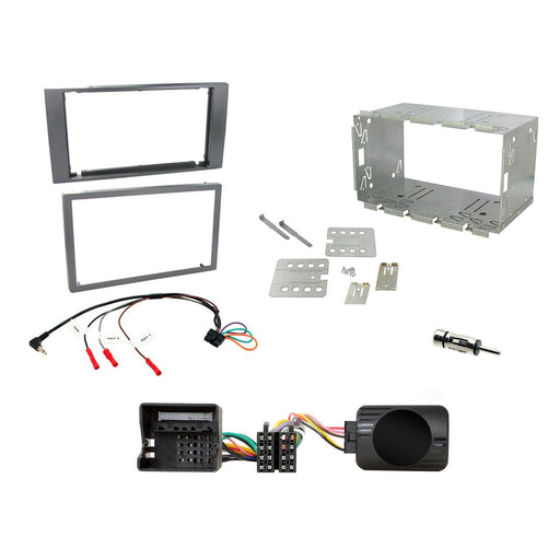Ford Focus 2004-2007 Full Car Stereo Installation Kit ANTHRACITE Double DIN Fascia, steering wheel control interface, an antenna adapter and universal patchlead