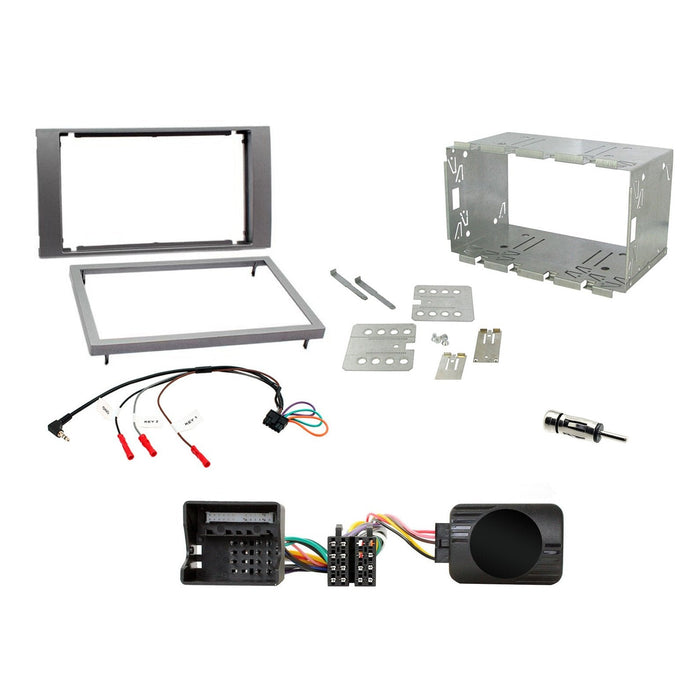 Ford C-Max 2003-2010 Full Car Stereo Installation Kit SILVER Double DIN Fascia, steering wheel control interface, an antenna adapter and universal patchlead