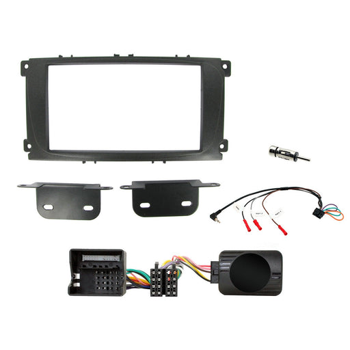Ford Mondeo 2007-2014 Full Car Stereo Installation Kit BLACK Double DIN Fascia, Bracket Fitment, steering wheel control interface, an antenna adapter and universal patchlead