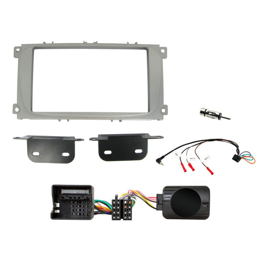 Ford Mondeo 2007-2014 Full Car Stereo Installation Kit SILVER Double DIN Fascia, Bracket fitment, steering wheel control interface, an antenna adapter and universal patchlead