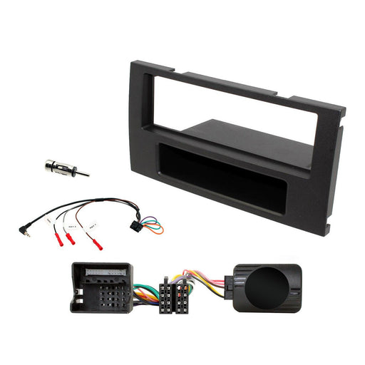 Ford Fusion 2005-2012 Full Car Stereo Installation Kit BLACK Single DIN Fascia, steering wheel control interface, an antenna adapter and universal patchlead