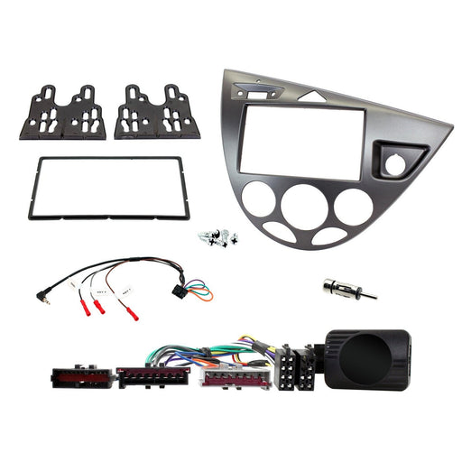 Ford Focus 1999-2004 Full Car Stereo Installation Kit GRAPHITE Double DIN Fascia, steering wheel control interface, an antenna adapter and universal patchlead