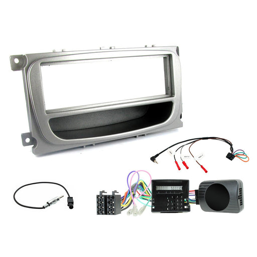 Ford Mondeo 2007-2014 Full Car Stereo Installation Kit SILVER Double DIN Fascia, steering wheel control interface, an antenna adapter and universal patchlead