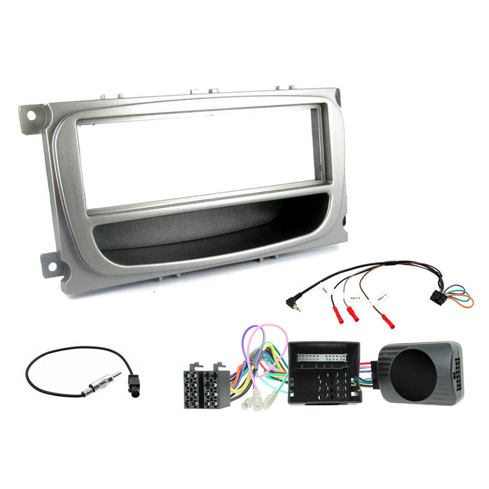 Ford Focus 2007-2011 Full Car Stereo Installation Kit SILVER Double DIN Fascia, steering wheel control interface, an antenna adapter and universal patchlead