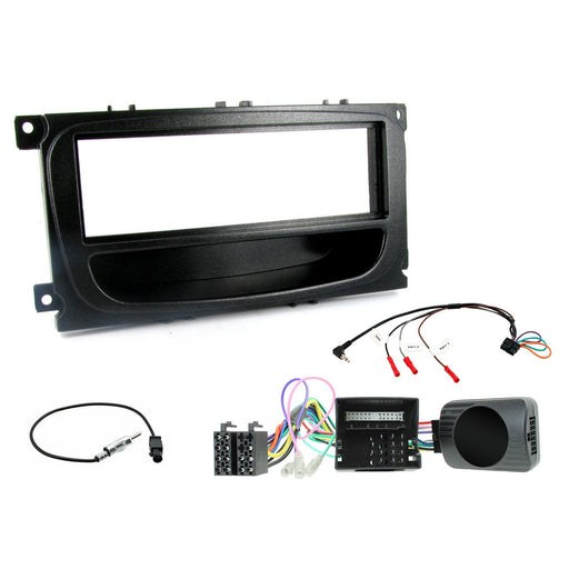 Ford Mondeo 2007-2014 Full Car Stereo Installation Kit BLACK Double DIN Fascia, steering wheel control interface, an antenna adapter and universal patchlead