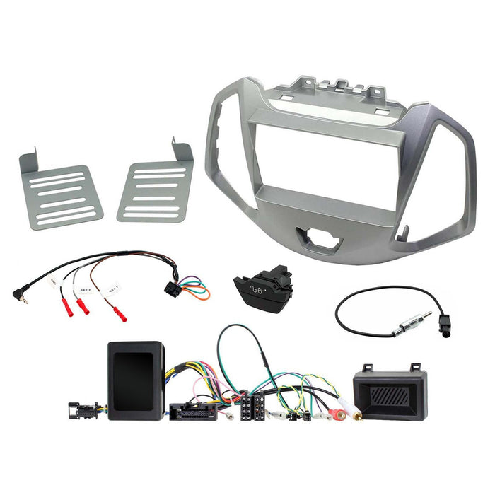 Ford Ecosport 2013-2021 Full Car Stereo Installation Kit SILVER Double DIN Fascia, steering wheel control interface, an antenna adapter and universal patchlead