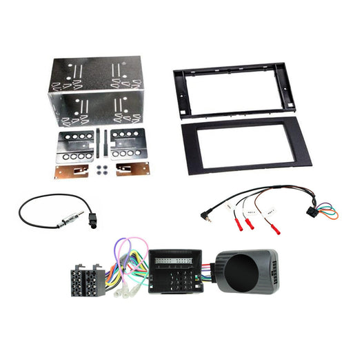 Ford Fiesta 2005-2008 Full Car Stereo Installation Kit BLACK Double DIN Fascia, steering wheel control interface, an antenna adapter and universal patchlead