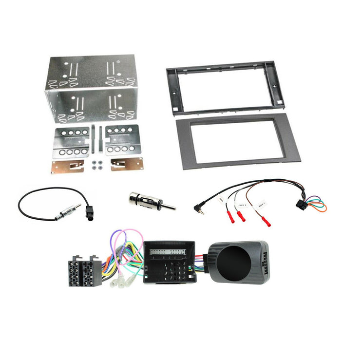 Ford C-Max 2003-2010 Full Car Stereo Installation Kit ANTHRACITE Double DIN Fascia, steering wheel control interface, an antenna adapter and universal patchlead