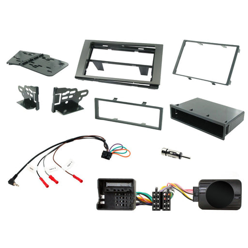 Ford Fusion 2005-2012 Full Car Stereo Installation Kit, BLACK Double DIN fascia panel, steering wheel control interface, an antenna adapter and a universal patchlead.