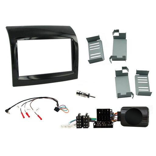 Fiat Ducato 2012-2014 Full Car Stereo Installation Kit, BLACK Double DIN fascia panel, steering wheel control interface, an antenna adapter and universal patchlead