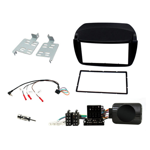 Fiat Doblo 2010-2015 Full Car Stereo Installation Kit, BLACK Double DIN fascia panel, steering wheel control interface, an antenna adapter and universal patchlead