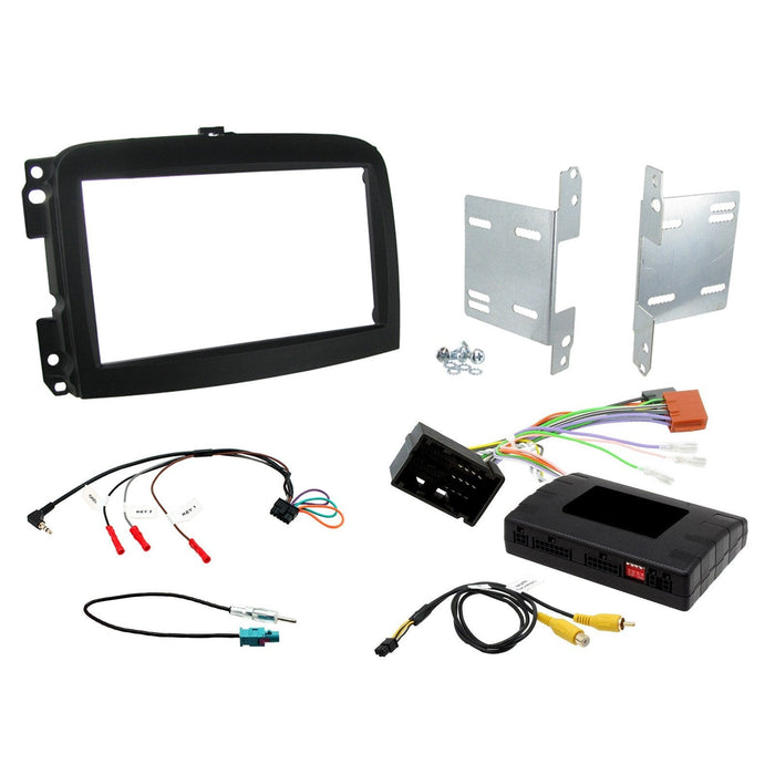 Fiat 500L 2012-2018 Full Car Stereo Installation Kit, BLACK Double DIN fascia panel, steering wheel control interface, an antenna adapter and universal patchlead