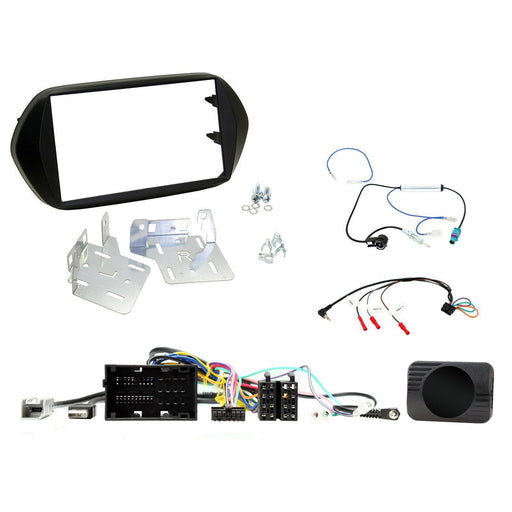 Fiat Tipo 2015-2021 Full Car Stereo Installation Kit, BLACK Double DIN fascia panel, steering wheel control interface, an antenna adapter and universal patchlead