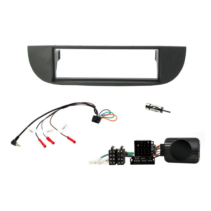 Fiat 500 2007-2015 Full Car Stereo Installation Kit, BLACK Single DIN fascia panel, steering wheel control interface, an antenna adapter and universal patchlead