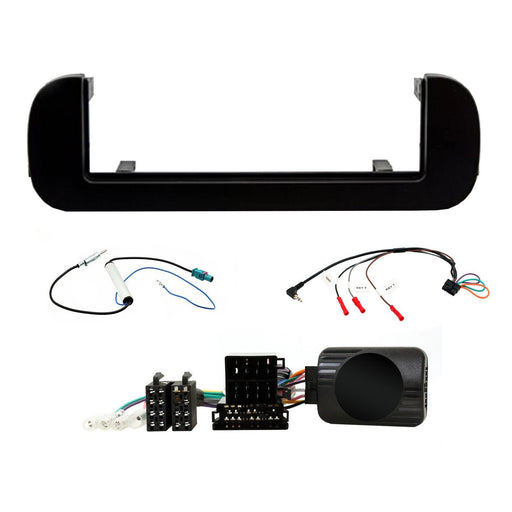 Fiat Panda 2012-2020 Full Car Stereo Installation Kit, BLACK Single DIN fascia panel, steering wheel control interface, an antenna adapter and universal patchlead