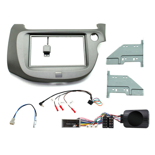 Honda Jazz 2009-2014 Full Car Stereo Installation Kit, LIGHT GREY Double DIN fascia panel, steering wheel control interface, an antenna adapter and universal patchlead