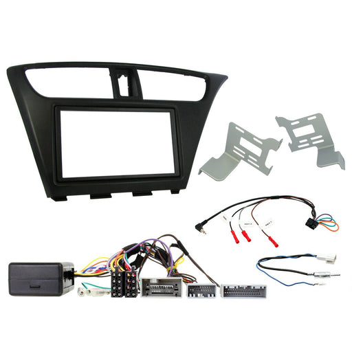 Honda Civic 2012-2015 Full Car Stereo Installation Kit, BLACK Double DIN fascia panel, steering wheel control interface, an antenna adapter and universal patchlead