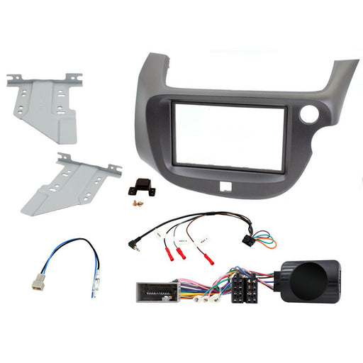 Honda Jazz 2008-2014 Full Car Stereo Installation Kit, DARK GREY Double DIN fascia panel, steering wheel control interface, an antenna adapter and universal patchlead
