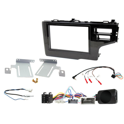 Honda Fit 2015+ Full Car Stereo Installation Kit, PIANO BLACK Double DIN fascia panel, steering wheel control interface, an antenna adapter and universal patchlead