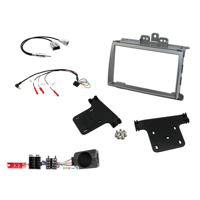Hyundai i20 2009-2012 Full Car Stereo Installation Kit, SILVER Double DIN fascia panel, steering wheel control interface, an antenna adapter and universal patchlead