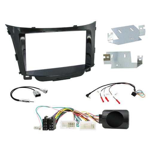 Hyundai i30 2012-2017 Full Car Stereo Installation Kit, BLACK Double DIN fascia panel, steering wheel control interface, Amplified models only