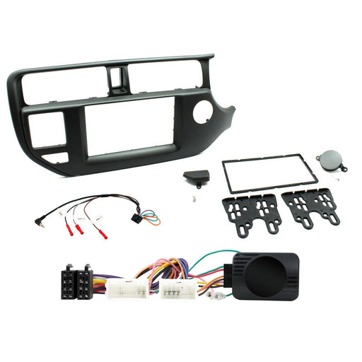Kia Rio 2011-2017 Full Car Stereo Installation Kit, BLACK Double DIN fascia panel, steering wheel control interface, an antenna adapter and universal patchlead