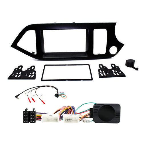 Kia Picanto 2011-2017 Full Car Stereo Installation Kit, BLACK Double DIN fascia panel, steering wheel control interface, an antenna adapter and universal patchlead