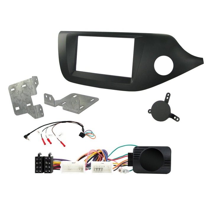 Kia Cee'd 2012-2018 Full Car Stereo Installation Kit, BLACK Double DIN fascia panel, steering wheel control interface, an antenna adapter and universal patchlead