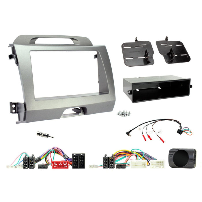 Kia Sportage 2011-2015 Full Car Stereo Installation Kit, SILVER Double DIN fascia panel, steering wheel control interface, an antenna adapter and universal patchlead