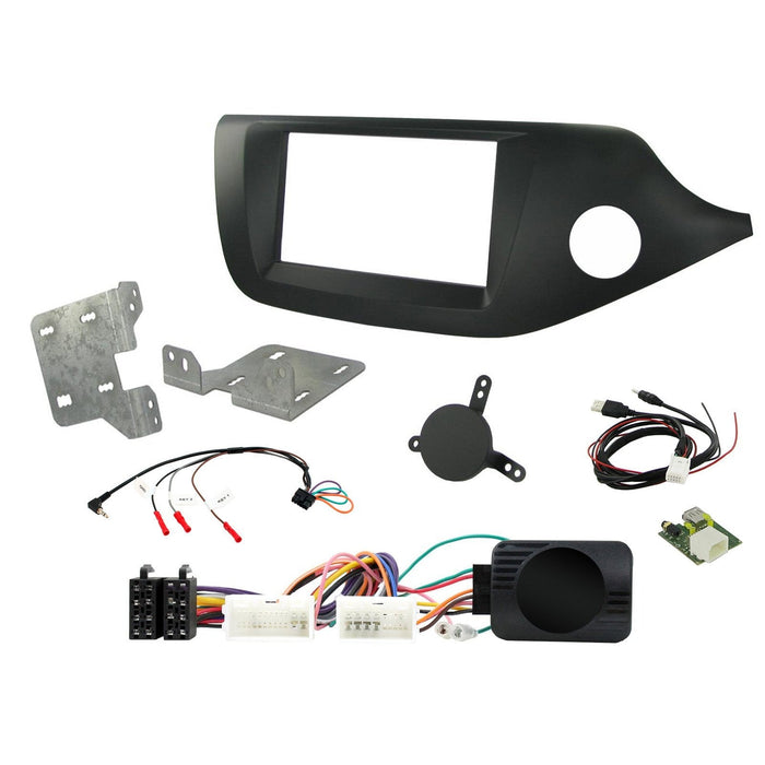 Kia Pro-Cee'd 2012-2018 Full Car Stereo Installation Kit, MATTE BLACK Double DIN fascia panel, steering wheel control interface, an antenna adapter and universal patchlead