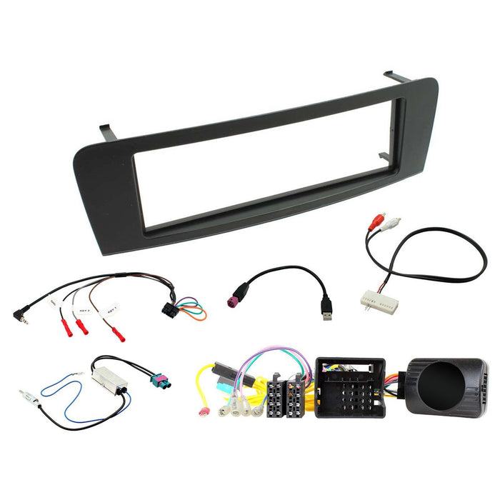 Mercedes A-Class 2013-2018 Full Car Stereo Installation Kit BLACK Single DIN Fascia, steering wheel control interface, antenna adapter and universal patchlead.
