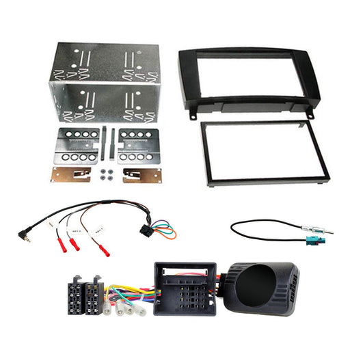 Mercedes CLK 2004-2009 Full Car Stereo Installation Kit BLACK Double DIN Fascia, steering wheel control interface, an antenna adapter