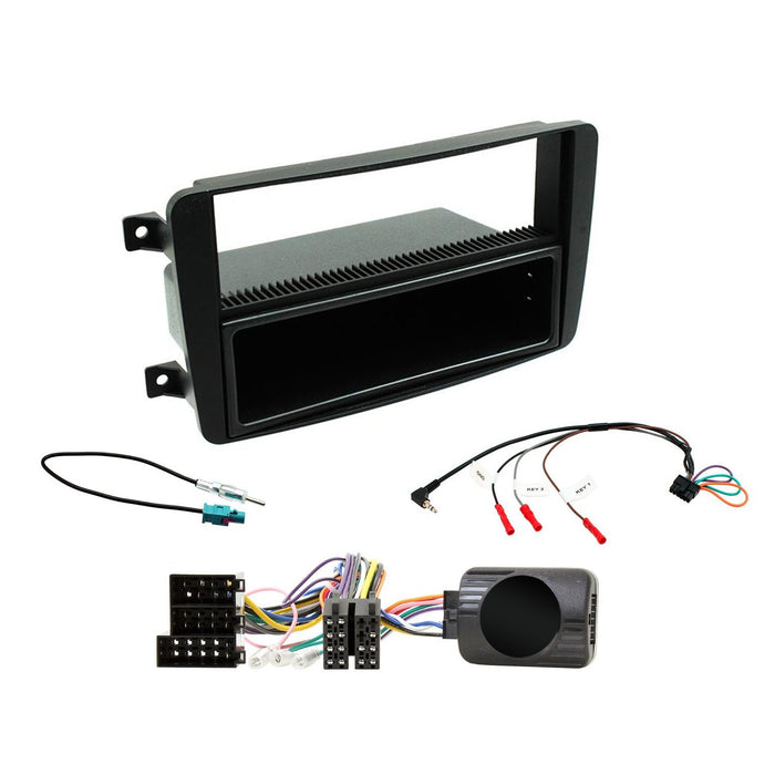 Mercedes C-Class 2001-2004 Full Car Stereo Installation Kit BLACK Single DIN Fascia, steering wheel control interface, antenna adapter and universal patchlead.