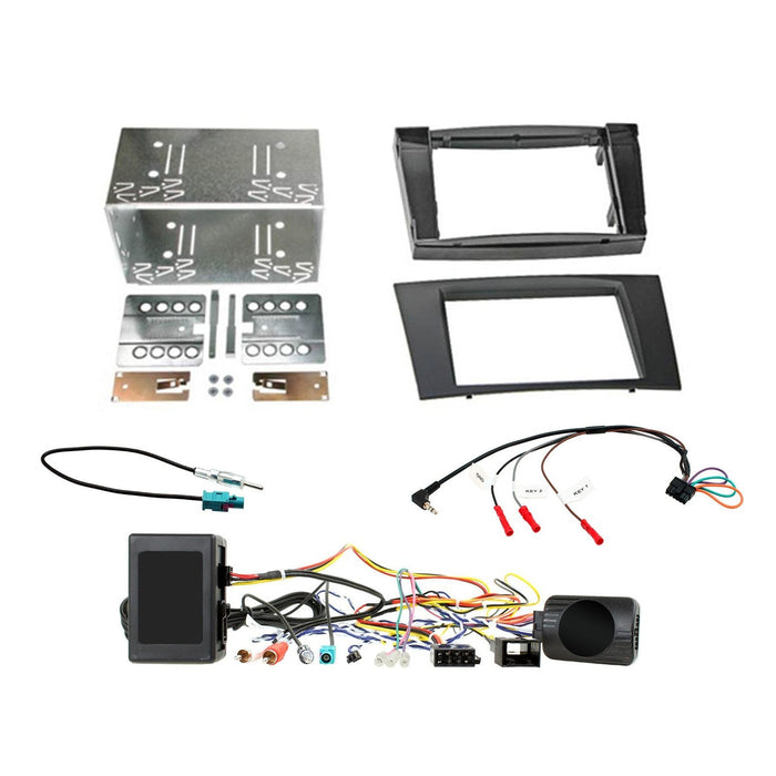Mercedes E-Class 2002-2009 Full Car Stereo Installation Kit BLACK Double DIN Fascia, steering wheel control interface, antenna adapter and universal patchlead.