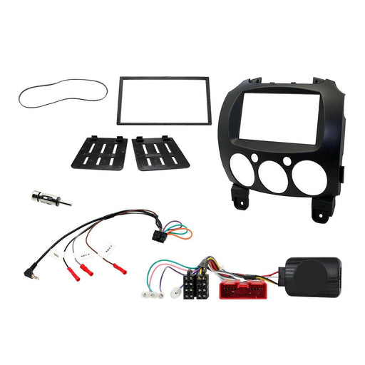 Mazda 2 2008+ Full Car Stereo Installation Kit BLACK Double DIN Fascia, steering wheel control interface, Non-Amplified vehicles only
